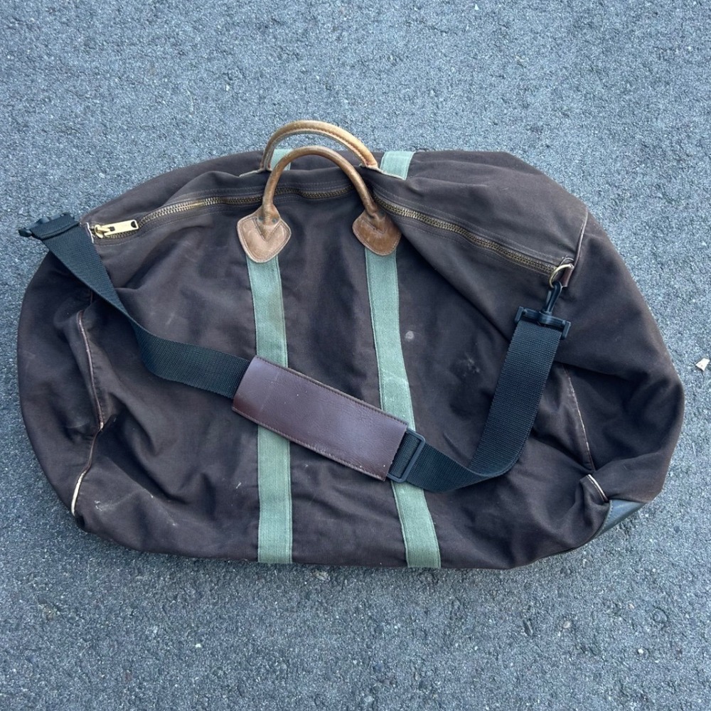 VINTAGE 70s LL Bean Duffle Bag Brown Green Canvas Leather Weekender Gorpcore